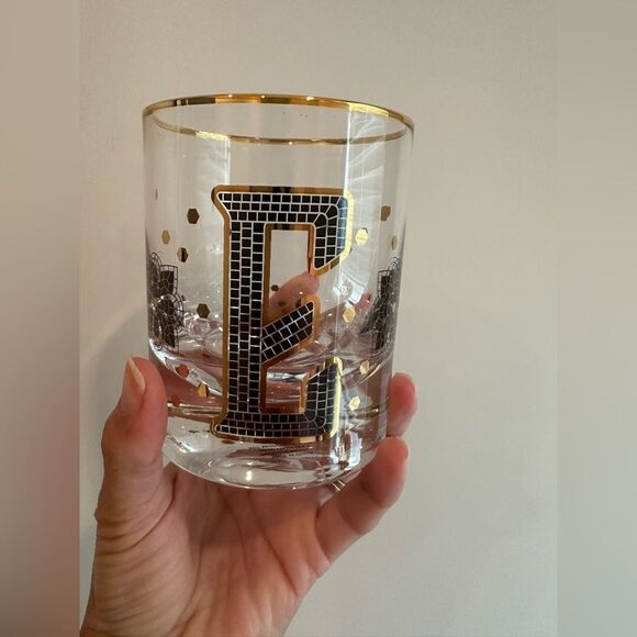 Letter E Anthropologie The Bistro Tile Monogram Old Fashioned Glass Letter E NWT - Picture 2 of 8